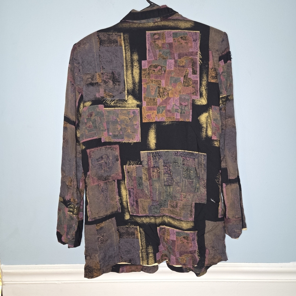 Vintage 80s 90s Womens Black Purple Gold Art Abstract Blazer Jacket Size Medium - Picture 5 of 6